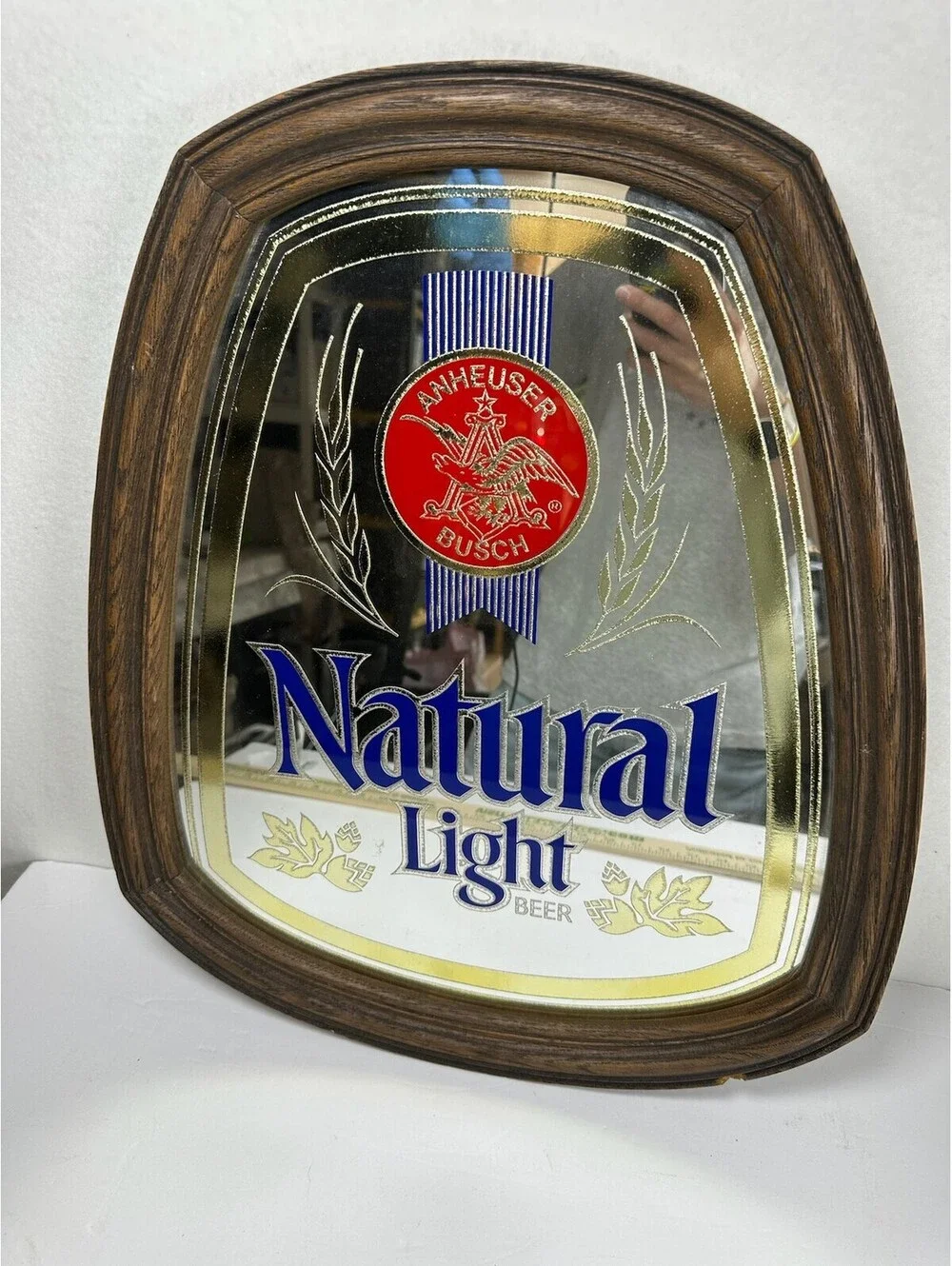 Vintage Natural Light Beer Mirror Sign Anheuser-Busch Wood Frame C-12